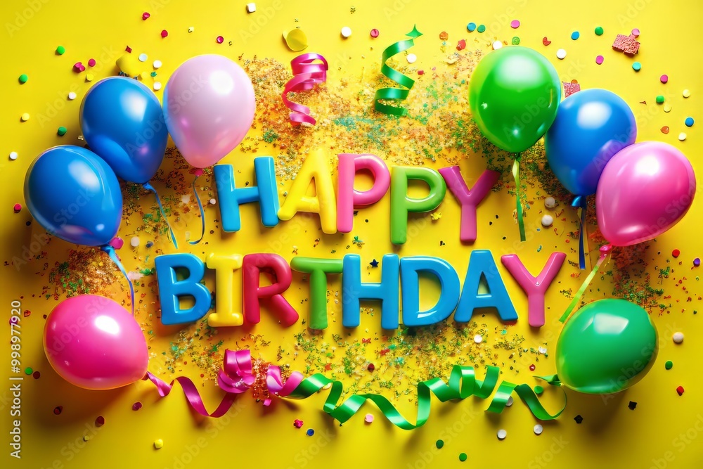 Vibrant confetti bursts against a radiant yellow background with bold pink happy birthday letters jumping out of a majestic swirl of blue and green balloons tied together with a satin ribbon. Vibrant confetti bursts against a radiant yellow background with bold pink happy birthday letters jumping out of a majestic swirl of blue and green balloons tied together with a satin ribbon.