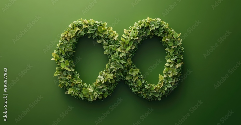 Infinity symbol made of green leaves on a green background.