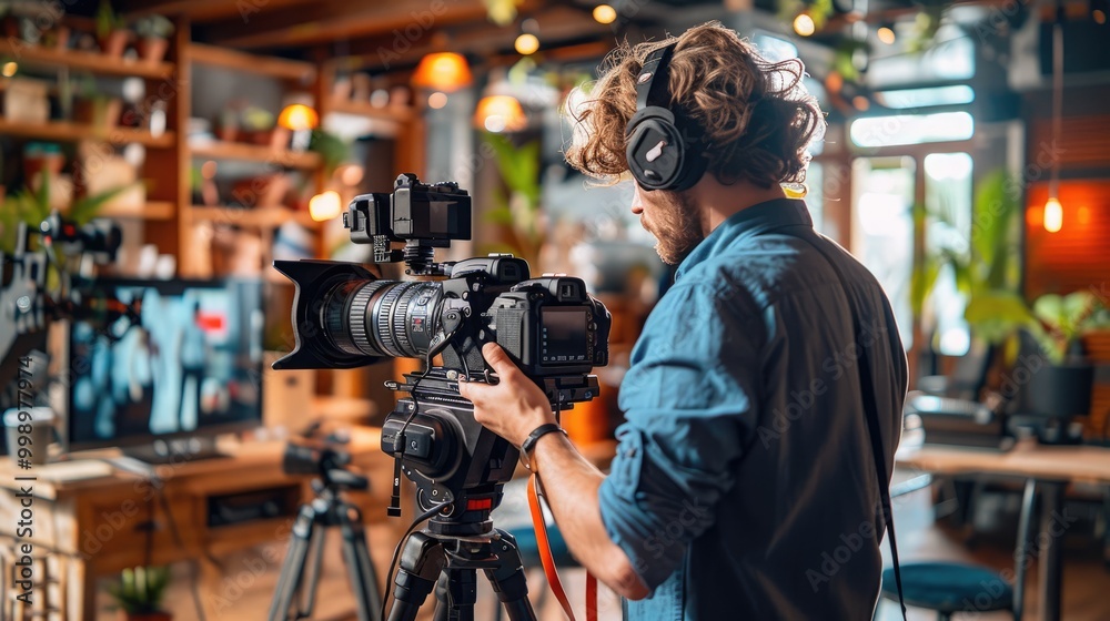 A videographer films a scene in a casual setting, using a professional camera and headphones. A videographer films a scene in a casual setting, using a professional camera and headphones.