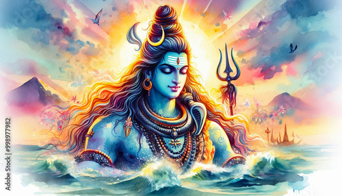 portrait of colorful watercolor painting Indian Hindu religious god Shiva,for religious, Hindu festival Maha Shivratri concept photo