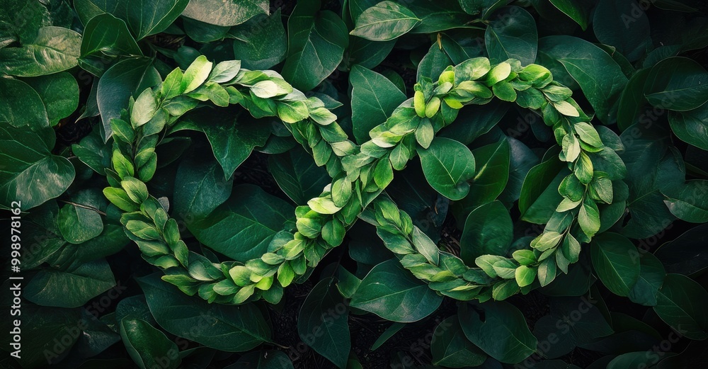 Fototapeta premium Infinity symbol formed by green leaves on a green background.