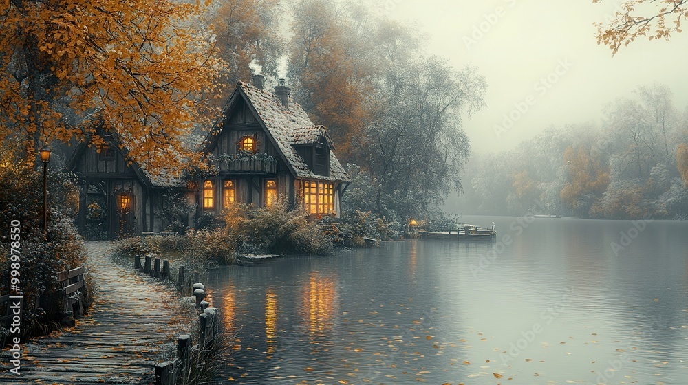 Enchanted Cabin by the Lake in Autumn Fog Enchanted Cabin by the Lake in Autumn Fog