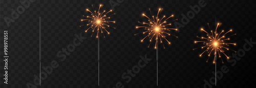 Vector realistic sparkler png. Bengal lights on isolated transparent background. Sparks, fireworks, Christmas light.
