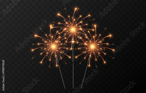 Vector realistic sparkler png. Bengal lights on isolated transparent background. Sparks, fireworks, Christmas light.