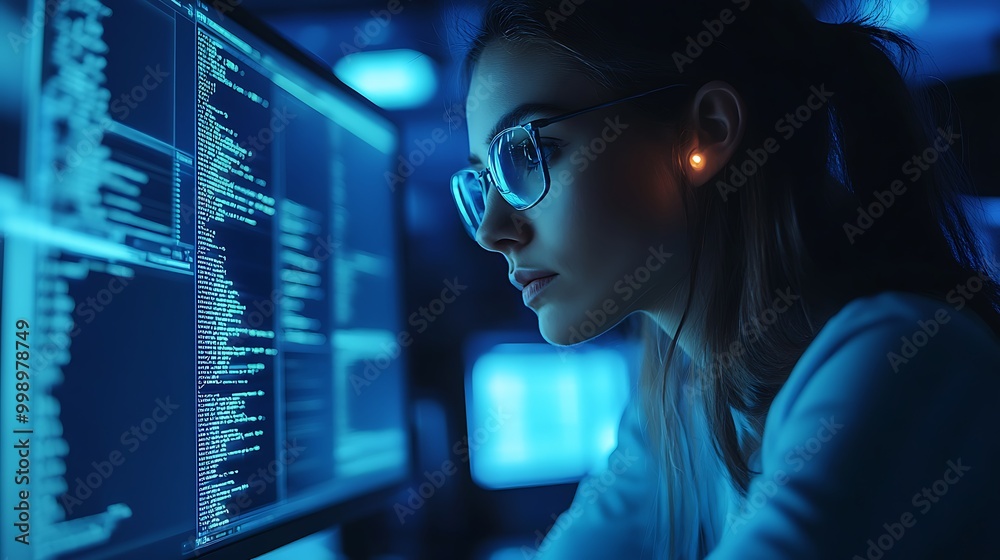 Female cyber security analyst analyzing AI cyberspace threats on computer in dark tech office data centre. Blue lighting. IT specialist ethical hacking Female cyber security analyst analyzing AI cyberspace threats on computer in dark tech office data centre. Blue lighting. IT specialist ethical hacking