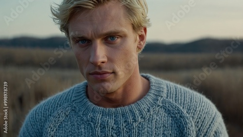 Young blonde male with blue eyes in knit sweater