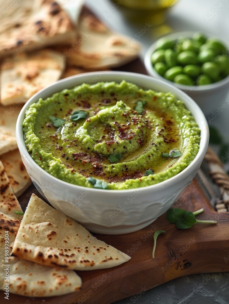 Bowl of green hummus with flatbread and fresh peas on a wooden board. Bowl of green hummus with flatbread and fresh peas on a wooden board.