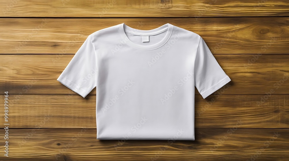 A neatly folded white t-shirt placed on a rustic wooden surface, showcasing simplicity and minimalistic style. A neatly folded white t-shirt placed on a rustic wooden surface, showcasing simplicity and minimalistic style.