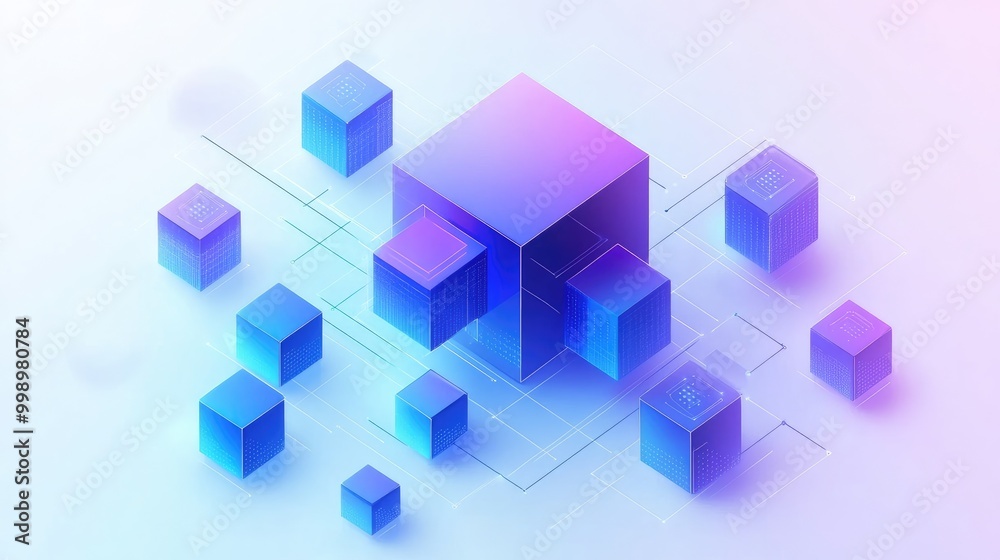 Abstract design with blue and purple 3D cubes connected by lines on a white background. Abstract design with blue and purple 3D cubes connected by lines on a white background.