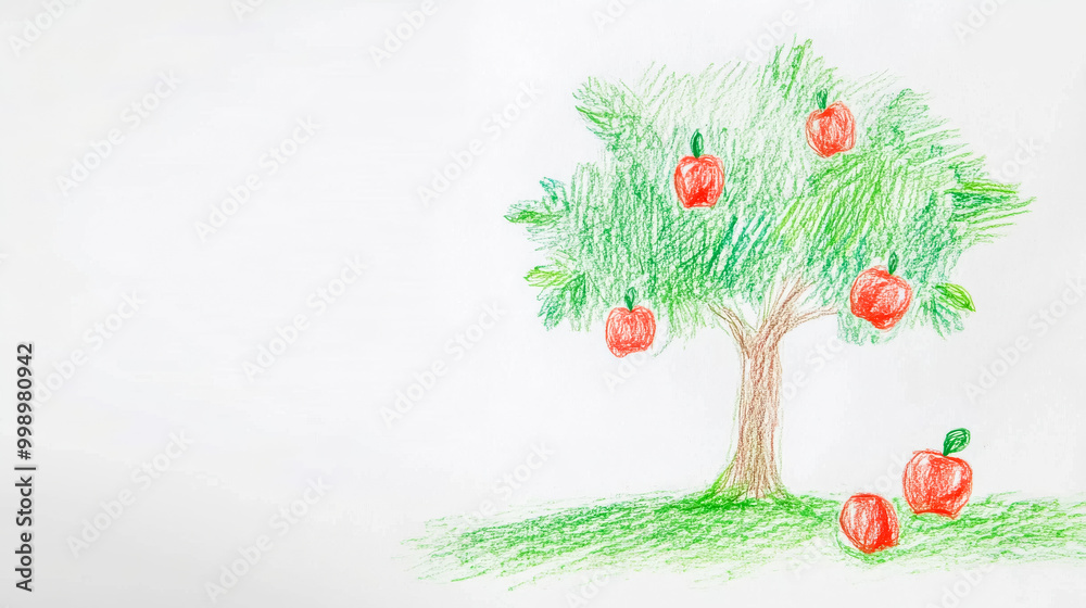 Apple tree drawing with red apple fruits on branches Apple tree drawing with red apple fruits on branches