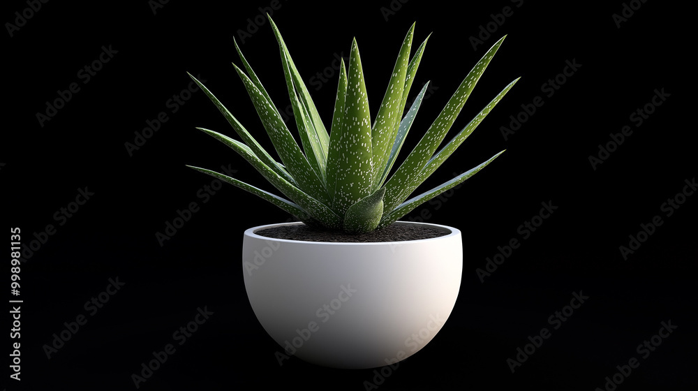Aloe vera plant in a sleek white pot on black background Aloe vera plant in a sleek white pot on black background