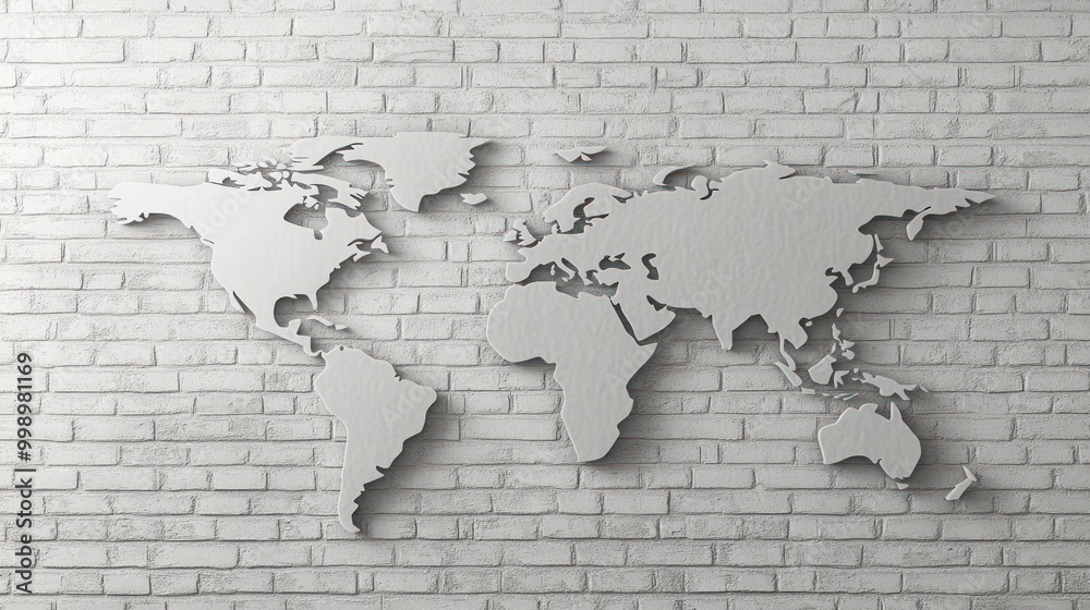 Fototapeta A minimalist design featuring a world map cutout in white, set against a textured brick wall, highlighting modern decor
