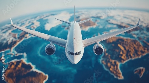 A commercial airplane soars above the earth, showcasing vast oceans and continents under bright daylight