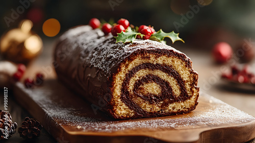 Traditional Christmas Chocolate Yule Log on Wooden Chopping Board photo