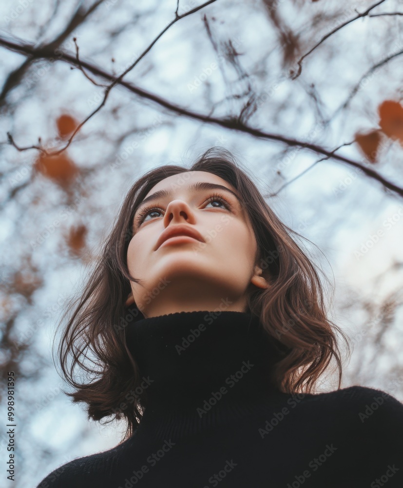 an Androgynous Woman with Shoulder-Length Hair, Wearing a Black Turtleneck Sweater, Looking Up at the Sky, Surrounded by Branches in a Serene Outdoor Scene
an Androgynous Woman with Shoulder-Length Hair, Wearing a Black Turtleneck Sweater, Looking Up at the Sky, Surrounded by Branches in a Serene Outdoor Scene