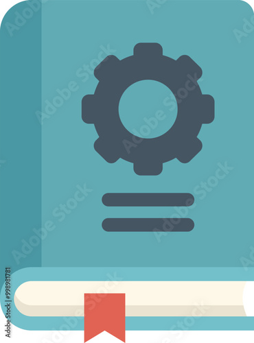 Blue technical manual with bookmark featuring gear icon describing content, isolated on white background