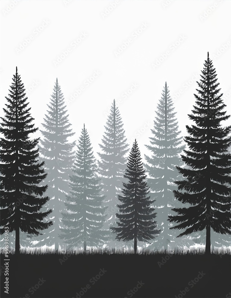 Obraz premium A minimalist illustration of tall evergreen trees in a foggy forest, creating a serene and misty landscape scene with a monochromatic palette.