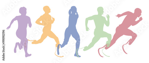 Sports.Collection of disabled athletes.Colour silhouettes of running people.Adaptive sports concept.Side view.Vector illustration of men and women running.