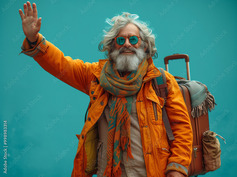 Happy bearded grandfather traveler with suitcase and backpack waving hand on blue background. Happy bearded grandfather traveler with suitcase and backpack waving hand on blue background.