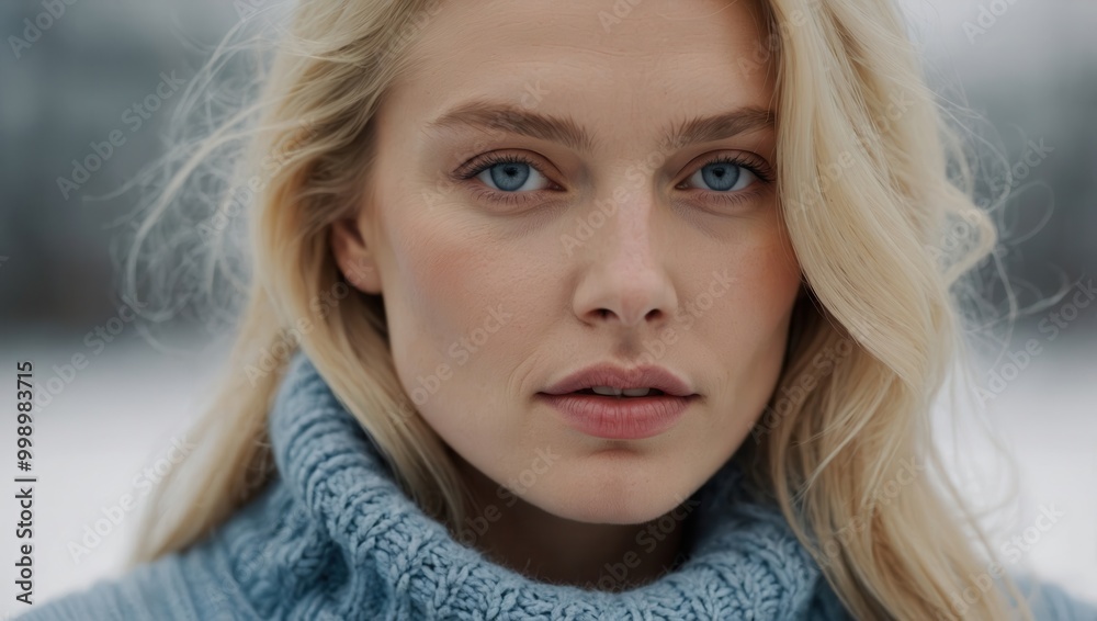 Blonde woman with symmetrical face and knit sweater Blonde woman with symmetrical face and knit sweater