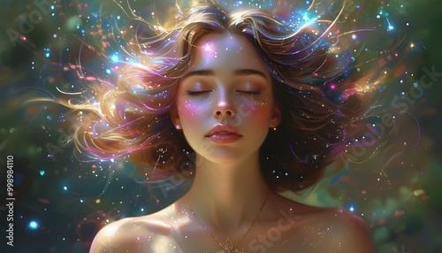 Enchanted beauty of a woman with luminous hair embodying magic, dreams, and tranquility