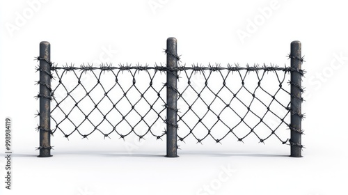 Realistic 3D Illustration of Metal Fencing Segments with Poles and Barbed Wire on White Background - Ideal for Security and Construction Designs