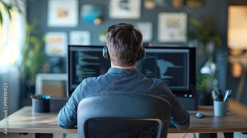 Back View of IT Worker Sitting at Desk and Programming on Computer, Focused and Engaged in Coding Tasks in a Modern Office Environment