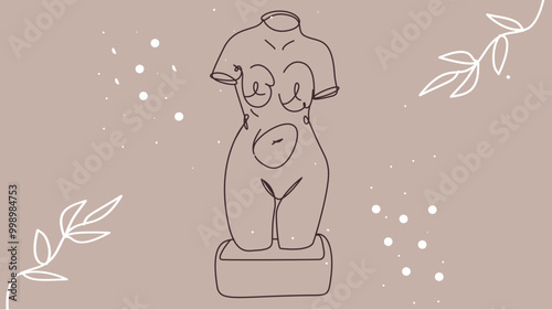 a human torso sculpture on a stand, featuring line art and surrounded by delicate decorative elements, portraying simplicity and elegance.