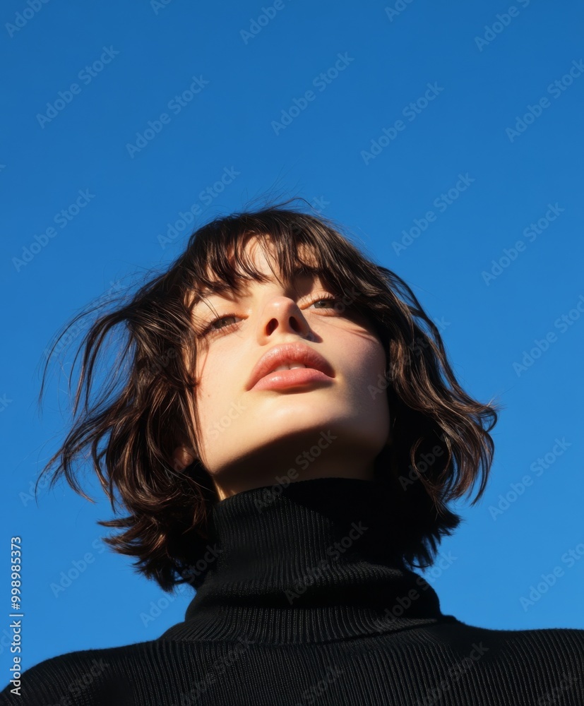 Edgy Model with Shaggy Bob in Black Turtleneck Standing Under Blue Sky Edgy Model with Shaggy Bob in Black Turtleneck Standing Under Blue Sky