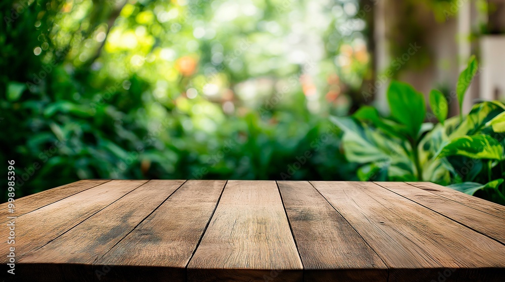 empty wooden background with a blurred background to the garden empty wooden background with a blurred background to the garden