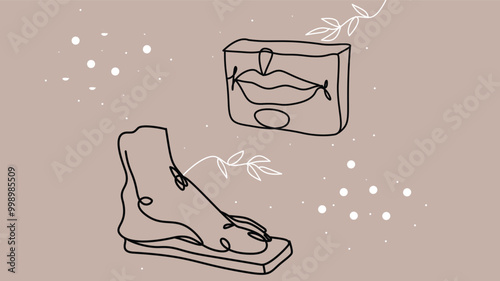 line art of a human foot and a bar of soap amidst delicate floral branches, creating a harmonious blend of nature and cleanliness.