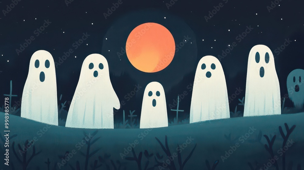 Peak full moon on Halloween, glowing over ghostly figures, flat design illustration Peak full moon on Halloween, glowing over ghostly figures, flat design illustration