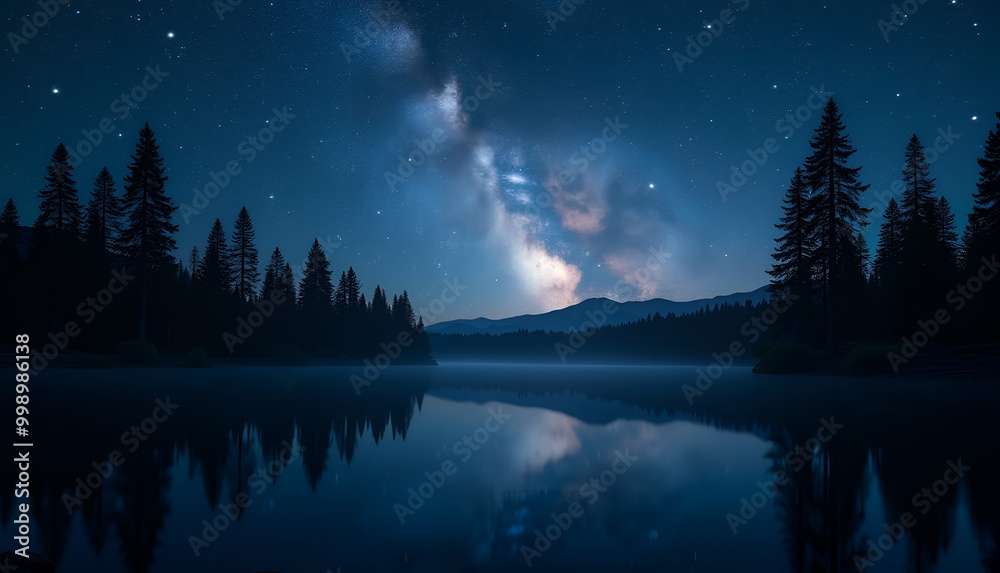 Serene lake reflecting Milky Way stars and pine trees at night with copy space Serene lake reflecting Milky Way stars and pine trees at night with copy space