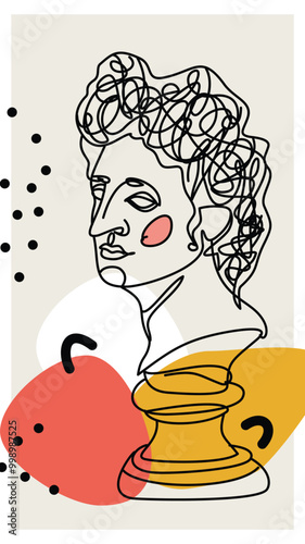 an abstract one-line drawing of a classical bust sculpture surrounded by geometric shapes in bright colors, highlighting both traditional and modern art elements.