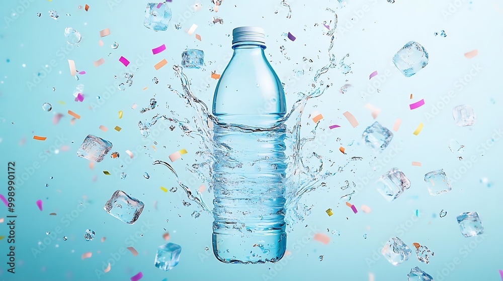 A blue water bottle surrounded by splashes and ice cubes against a soft blue background, evoking freshness and refreshment. A blue water bottle surrounded by splashes and ice cubes against a soft blue background, evoking freshness and refreshment.