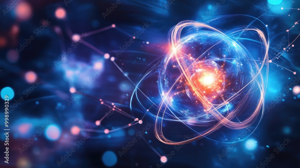 A glowing atom with orbiting electrons, representing the concept of energy and scientific discovery. A glowing atom with orbiting electrons, representing the concept of energy and scientific discovery.