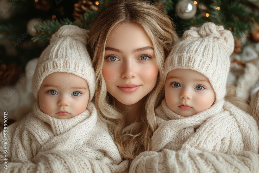 Beautiful young mother with her two adorable little daughters. Beautiful young mother and her adorable little daughters in knitted hats are sitting on the floor near the Christmas tree. Beautiful young mother with her two adorable little daughters. Beautiful young mother and her adorable little daughters in knitted hats are sitting on the floor near the Christmas tree.