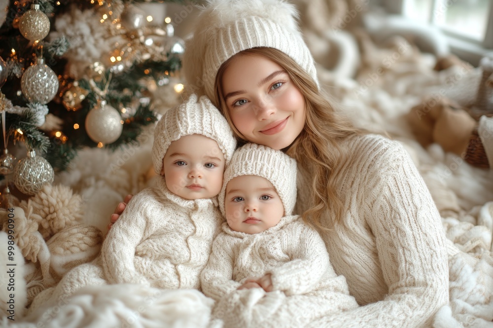 Beautiful young mother with her two adorable little daughters. Beautiful young mother and her adorable little daughters in knitted hats are sitting on the floor near the Christmas tree. Beautiful young mother with her two adorable little daughters. Beautiful young mother and her adorable little daughters in knitted hats are sitting on the floor near the Christmas tree.