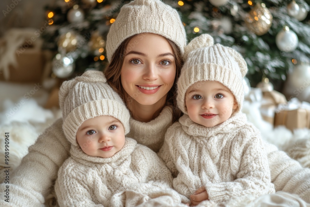 Beautiful young mother with her two adorable little daughters. Beautiful young mother and her adorable little daughters in knitted hats are sitting on the floor near the Christmas tree. Beautiful young mother with her two adorable little daughters. Beautiful young mother and her adorable little daughters in knitted hats are sitting on the floor near the Christmas tree.