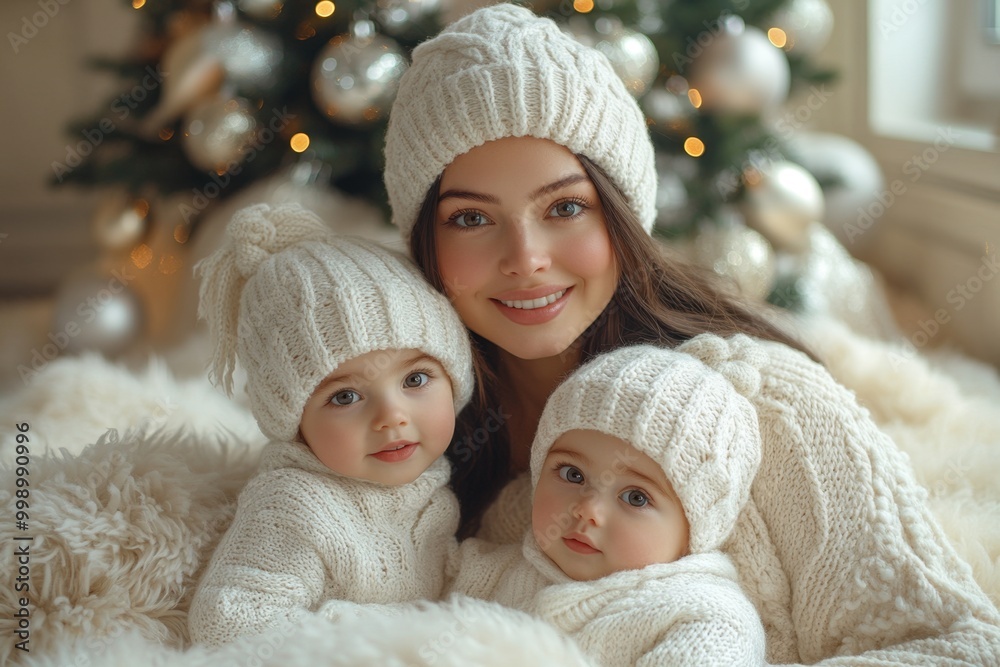 Beautiful young mother with her two adorable little daughters. Beautiful young mother and her adorable little daughters in knitted hats are sitting on the floor near the Christmas tree. Beautiful young mother with her two adorable little daughters. Beautiful young mother and her adorable little daughters in knitted hats are sitting on the floor near the Christmas tree.