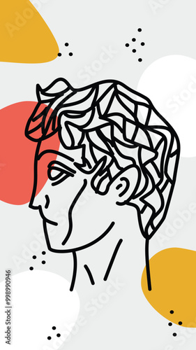  an abstract line drawing of a male profile with contrasting geometric shapes in the background, offering a blend of modern artistry and conceptual design.