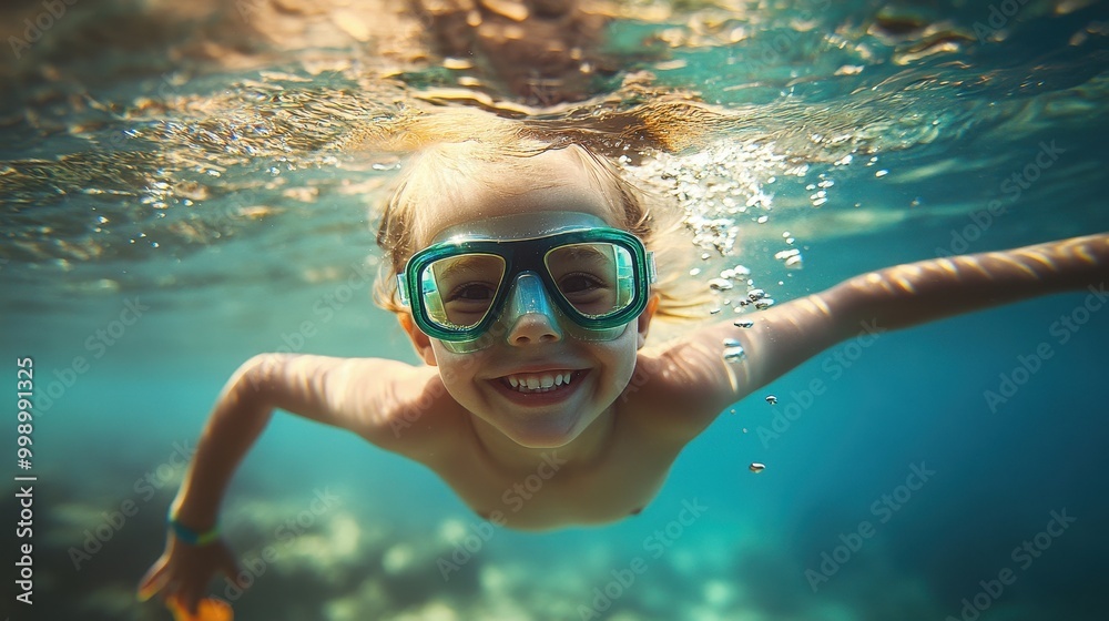 Naklejka premium A cheerful, happy child swims underwater in armbands, underwater photography 