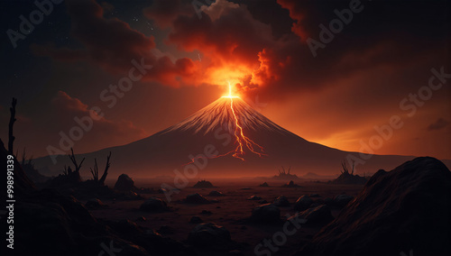 Volcano erupting in fiery blaze at sunset background