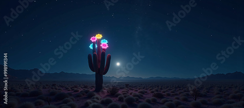 Surreal Neon Flowers Bloom on Saguaro Cactus under Starry Night Sky