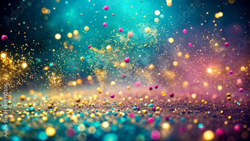 gold, pink, teal, abstract particles floating in colorful background, festive atmosphere, New Year's, Diwali, Christmas