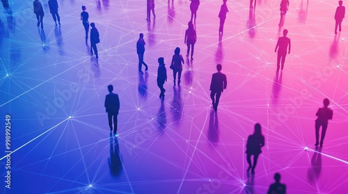 Silhouettes of people walking on a network of glowing lines in a pink and blue gradient background.