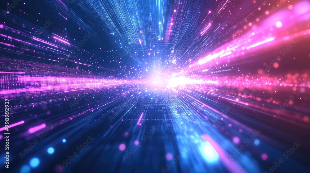 Abstract futuristic background with bright blue and pink neon light streaks and glowing particles radiating from the center. Abstract futuristic background with bright blue and pink neon light streaks and glowing particles radiating from the center.