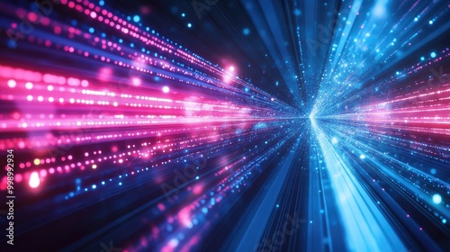 Abstract digital tunnel with glowing light streaks in pink and blue, representing speed, data flow, and the future of technology.