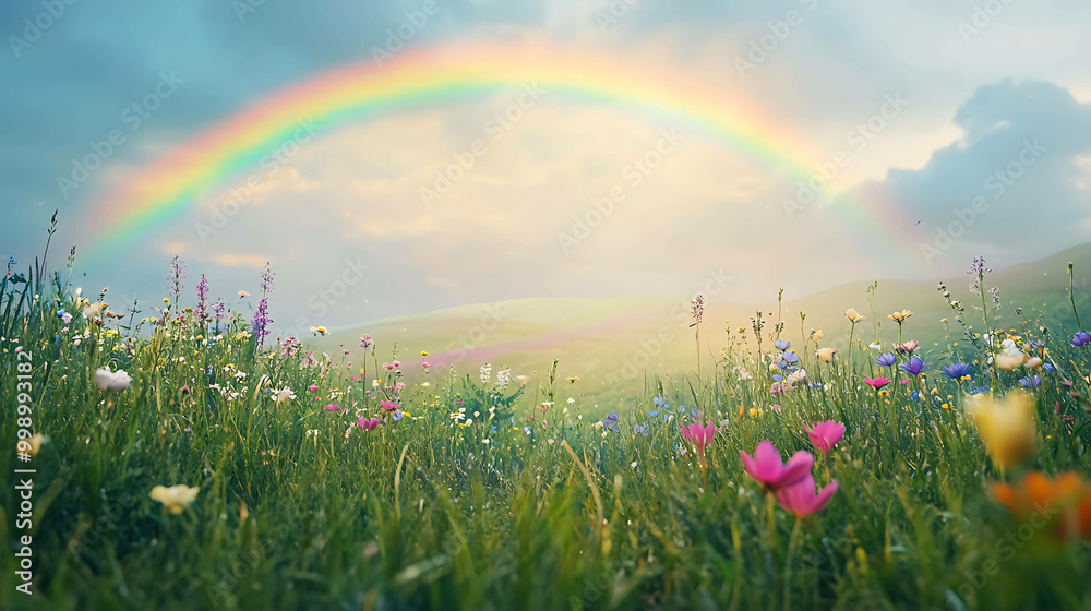 Naklejka premium A vibrant rainbow arches over a field of wildflowers, creating a magical, whimsical scene.