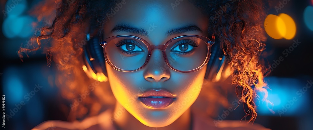 Close-up portrait of a young woman with curly hair and glasses, lit by colorful lights. Close-up portrait of a young woman with curly hair and glasses, lit by colorful lights.